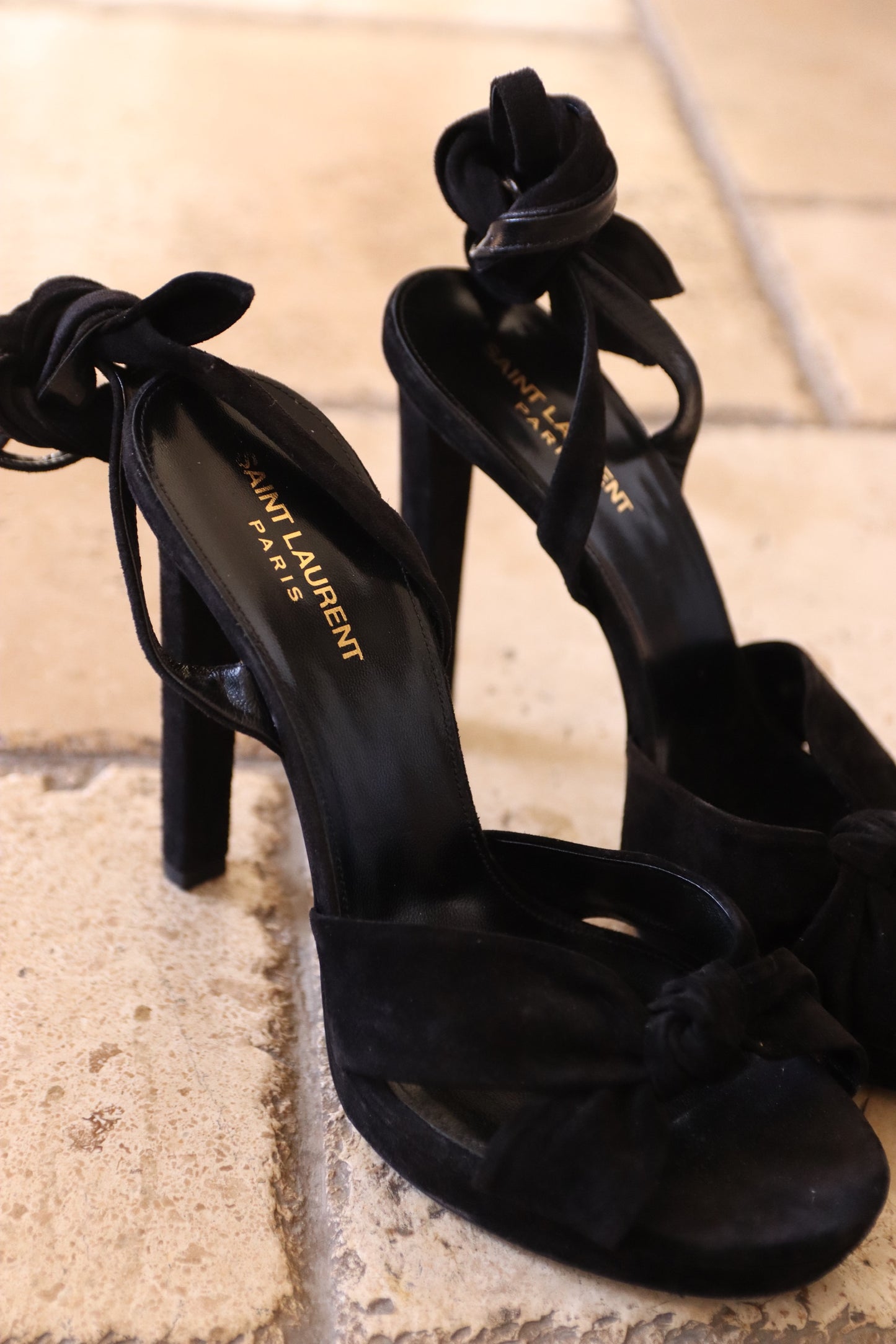 Saint Laurent black suede lace-up pumps