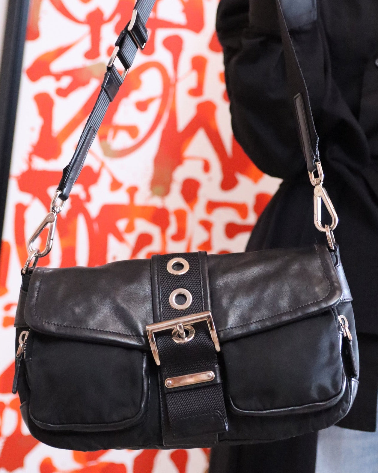 Prada Black Leather & Nylon Moon Pouch