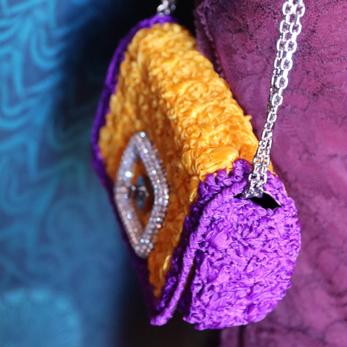 Roger Vivier Orange & Purple Raffia Handbag with Crystal Buckle