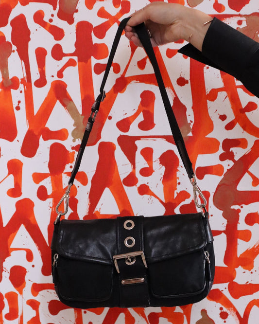 Prada Black Leather & Nylon Moon Pouch