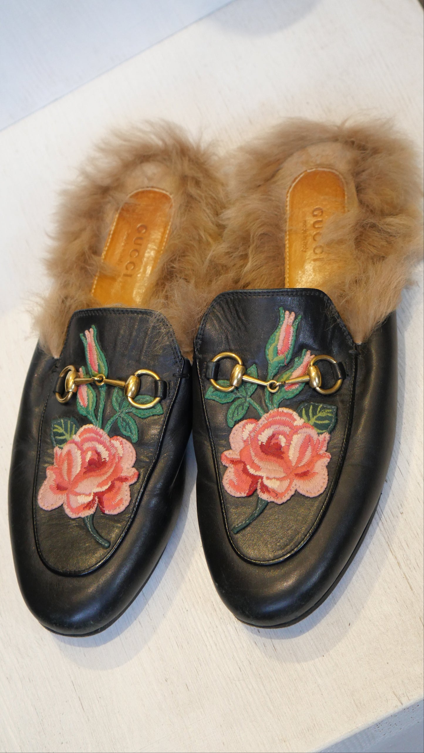 Gucci Princetown mules black with rose flower