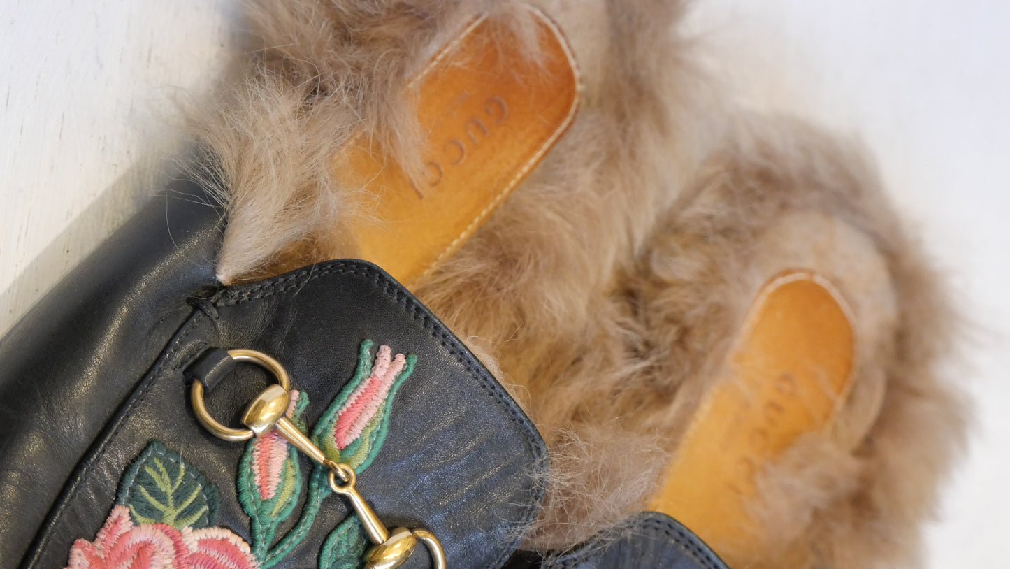 Gucci Princetown mules black with rose flower
